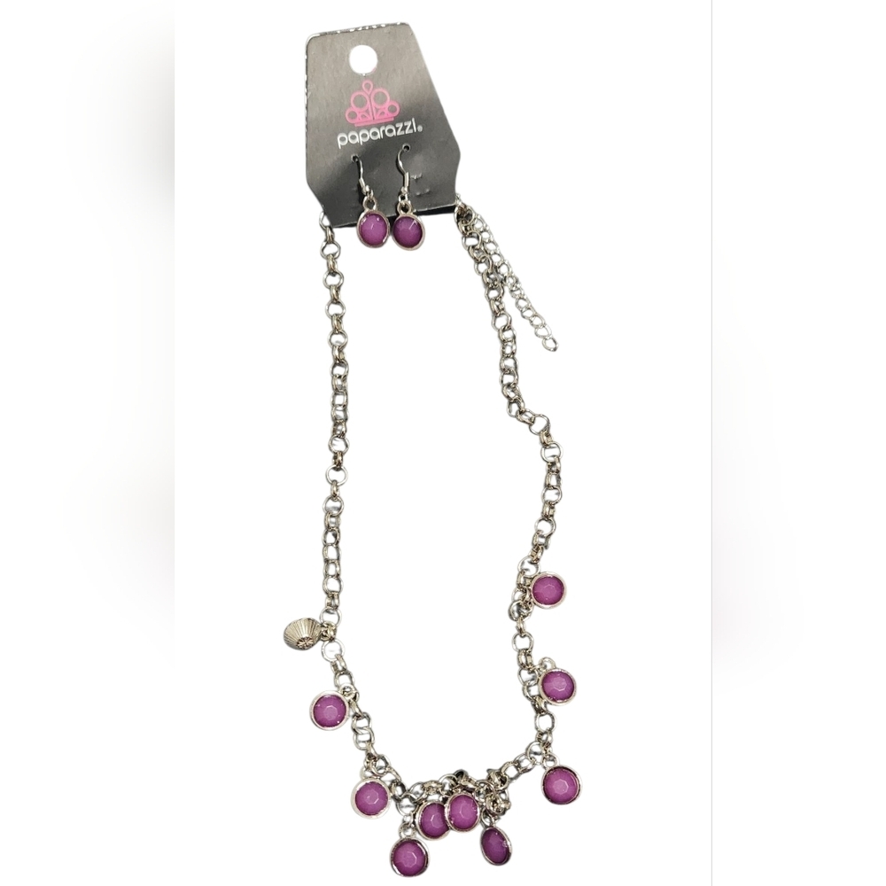 Paparazzi Silver Necklace with Earrings And Purple Accents